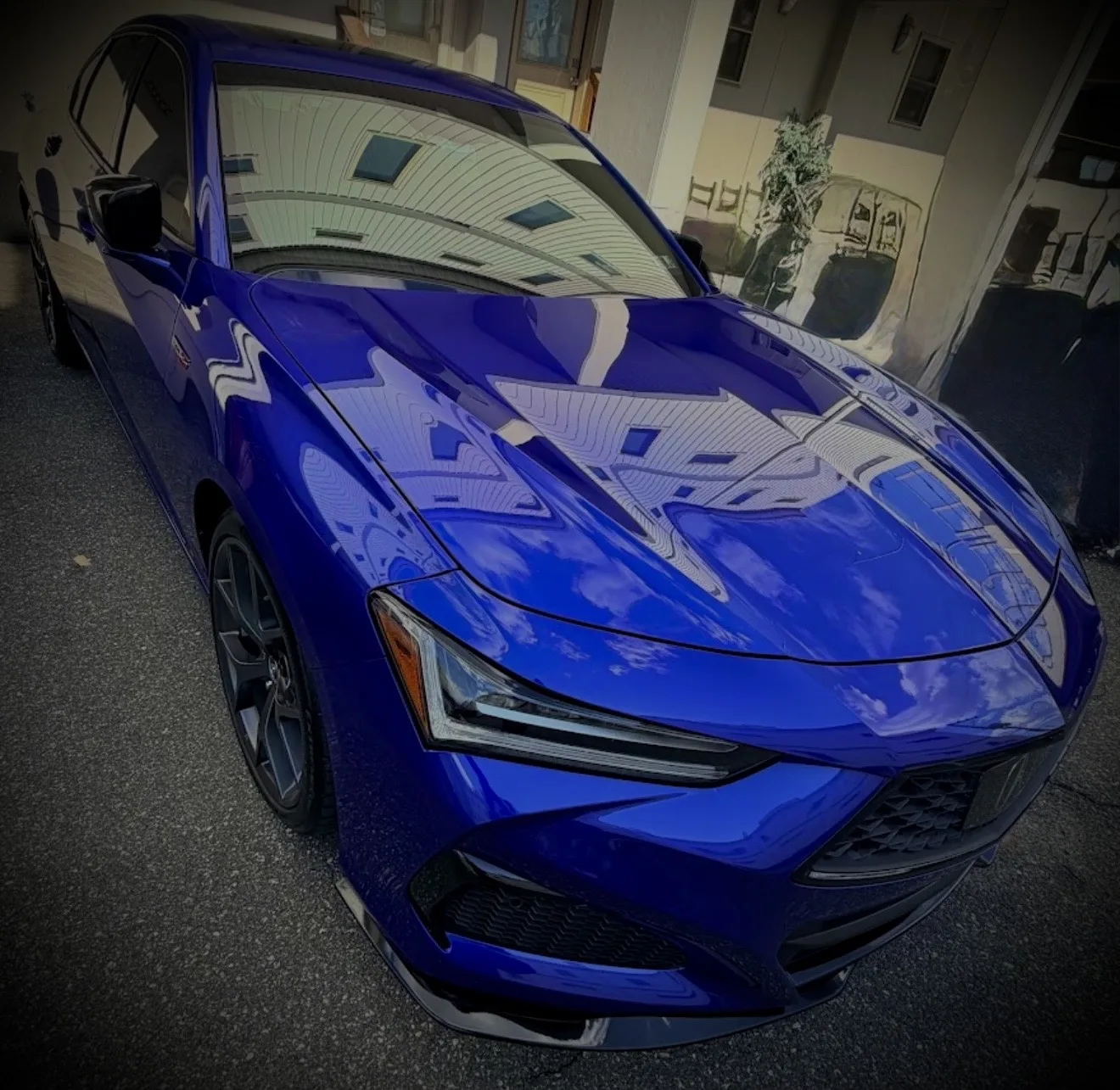 Blue Acura Type S hood reflecting the building after a JDS detail